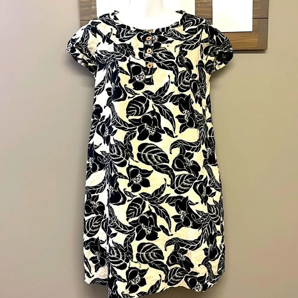 GAP Maternity Black and Cream 1/2 Button Down Floral Linen Smock Dress- Small